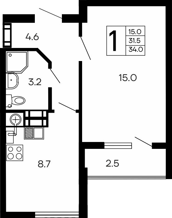 Планировка: 1-комнатная · 34 м²