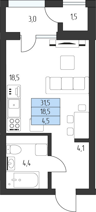 Планировка: Студия · 28,95 м²
