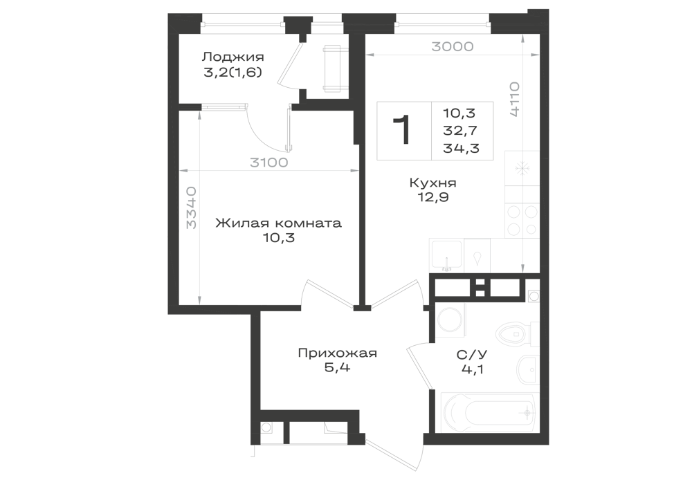 Планировка: 1-комнатная · 34,3 м²