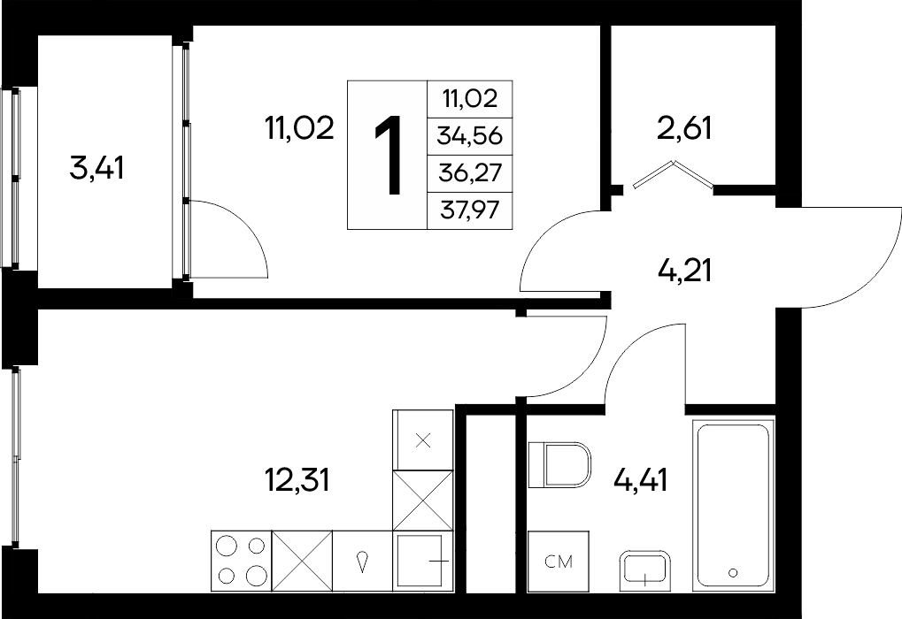 Планировка: 1-комнатная · 37,97 м²