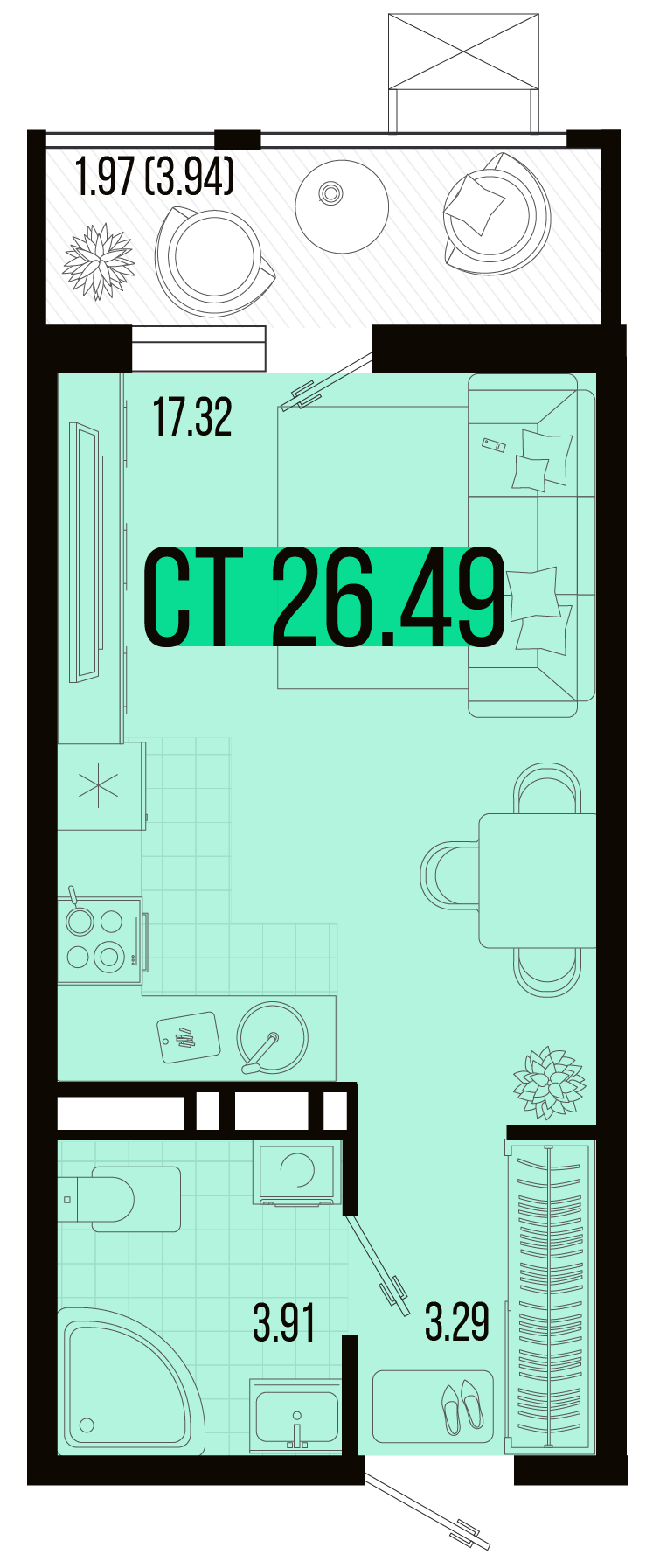 Планировка: Студия · 26,49 м²