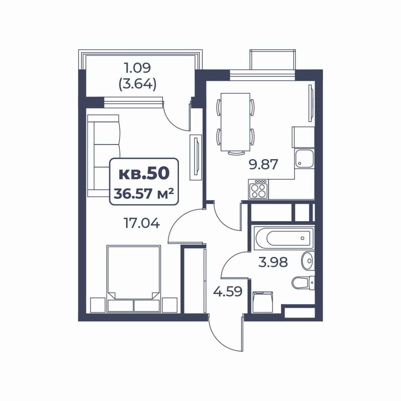 Планировка: 1-комнатная · 36,57 м²