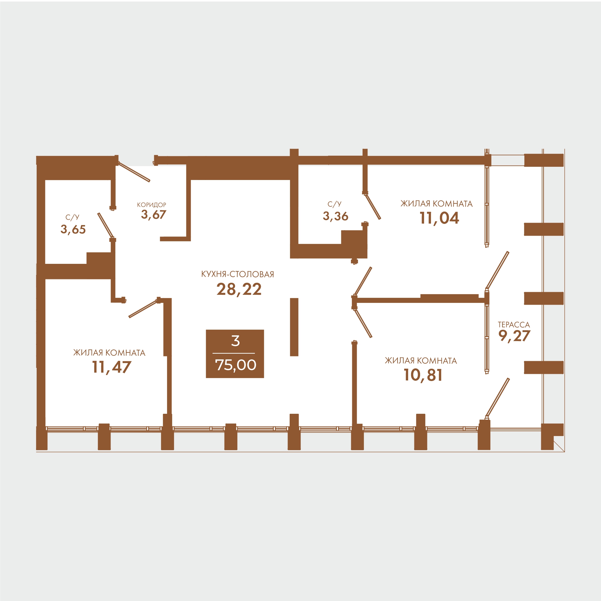 Планировка: 3-комнатная · 75 м²