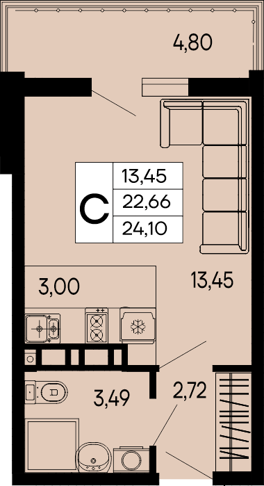 Планировка: Студия · 24,1 м²