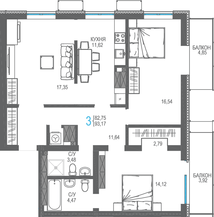Планировка: 3-комнатная · 93,17 м²