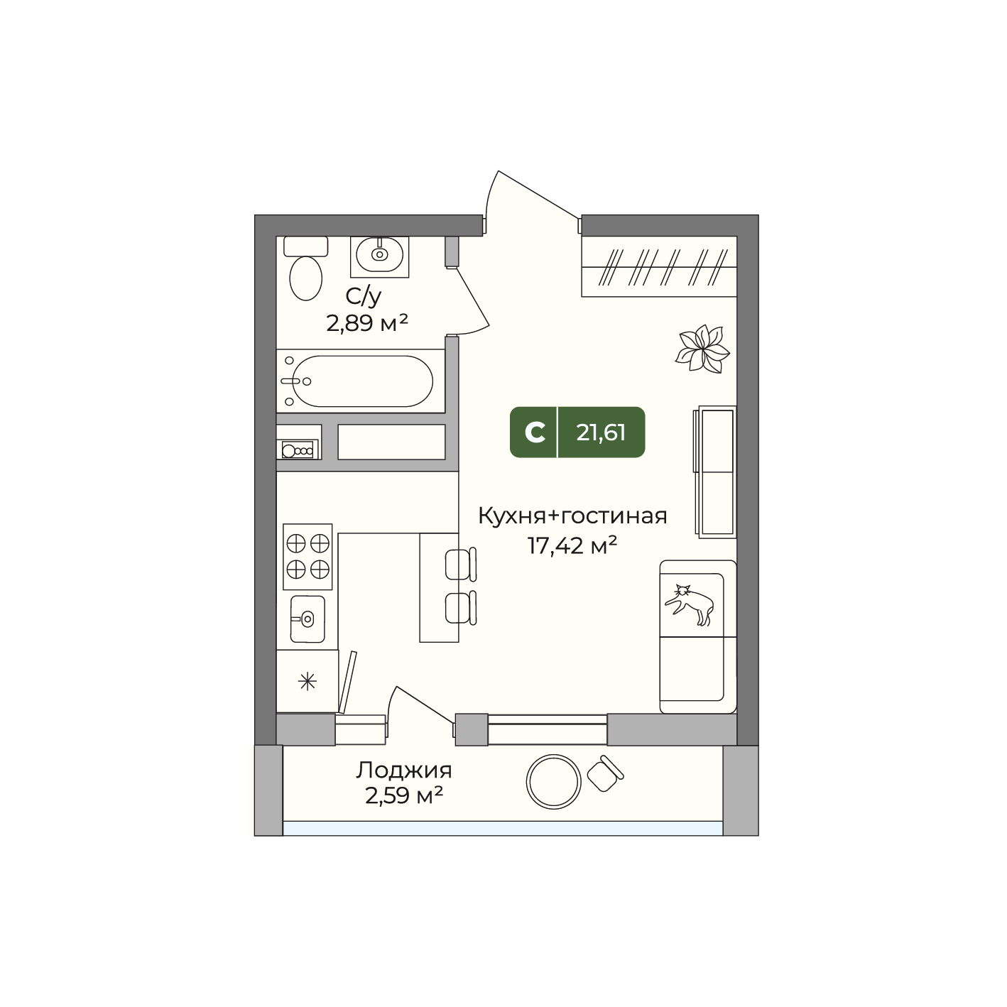 Планировка: Студия · 21,61 м²