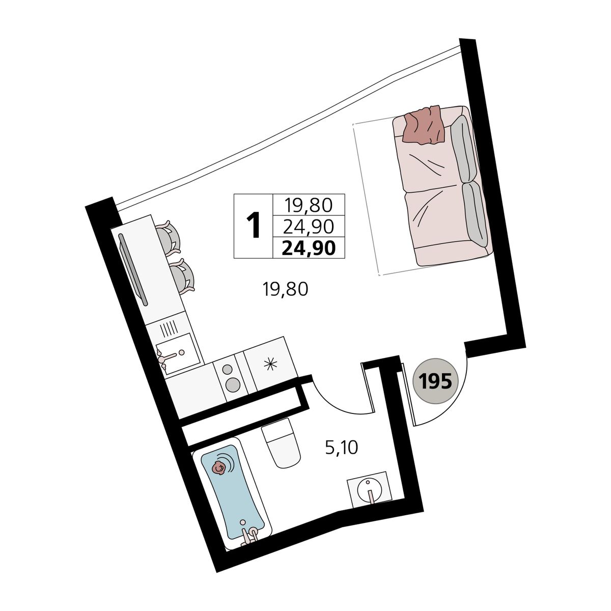 Планировка: 1-комнатная · 24,9 м²