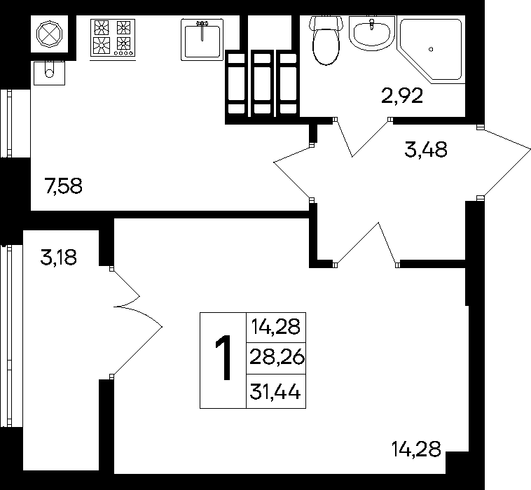 Планировка: 1-комнатная · 31,44 м²