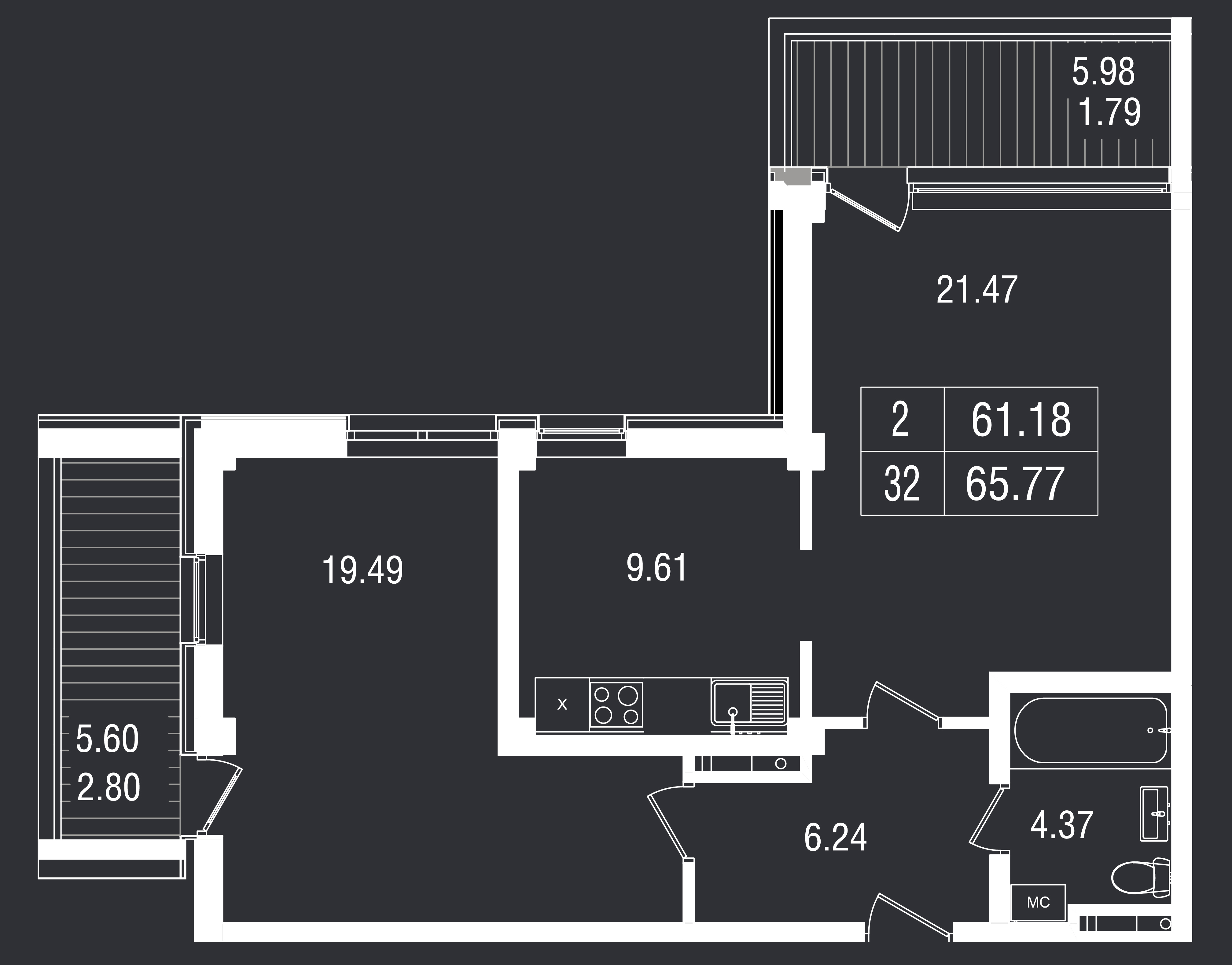 Планировка: 3-комнатная · 65,77 м²