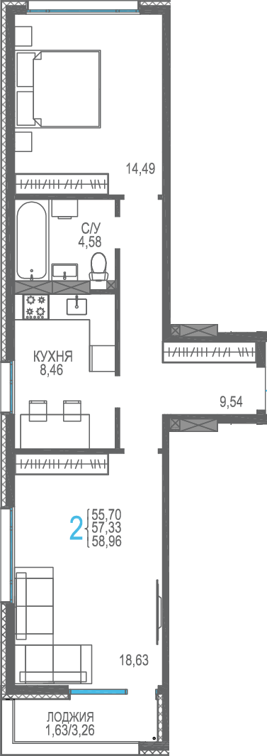 Планировка: 2-комнатная · 58,96 м²