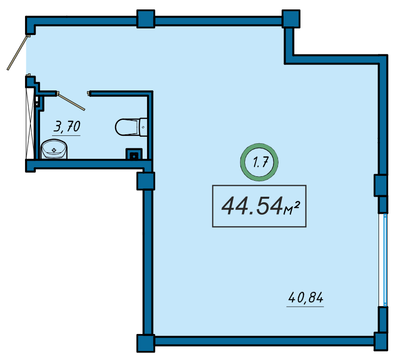 Планировка: 1-комнатная · 44,54 м²
