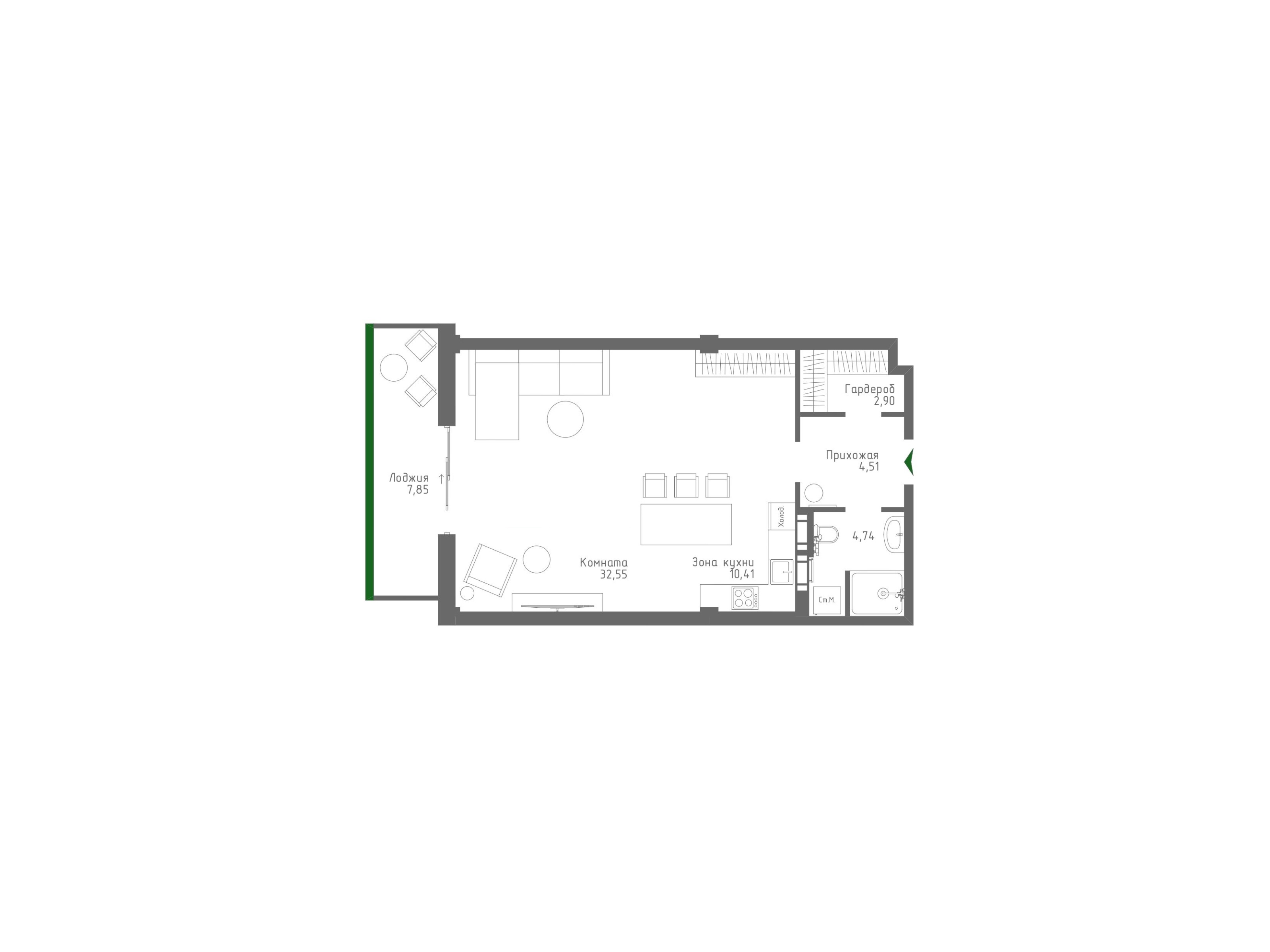 Планировка: 1-комнатная · 62,77 м²