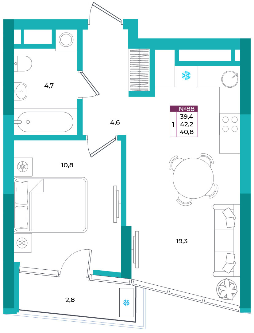Планировка: 1-комнатная · 40,8 м²