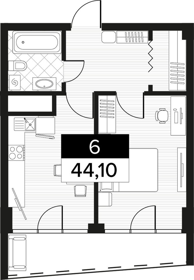 Планировка: 1-комнатная · 44,1 м²