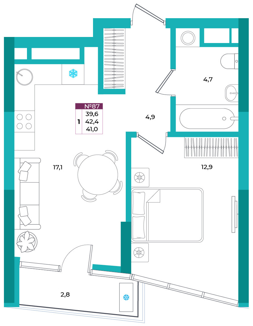 Планировка: 1-комнатная · 41 м²