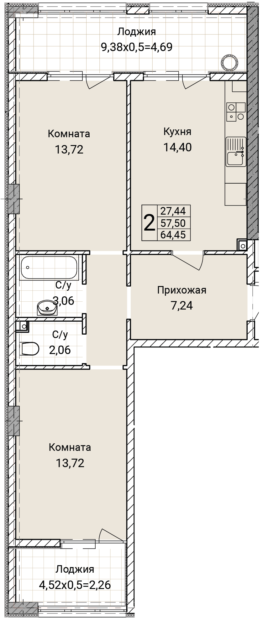 Планировка: 1-комнатная · 64,45 м²