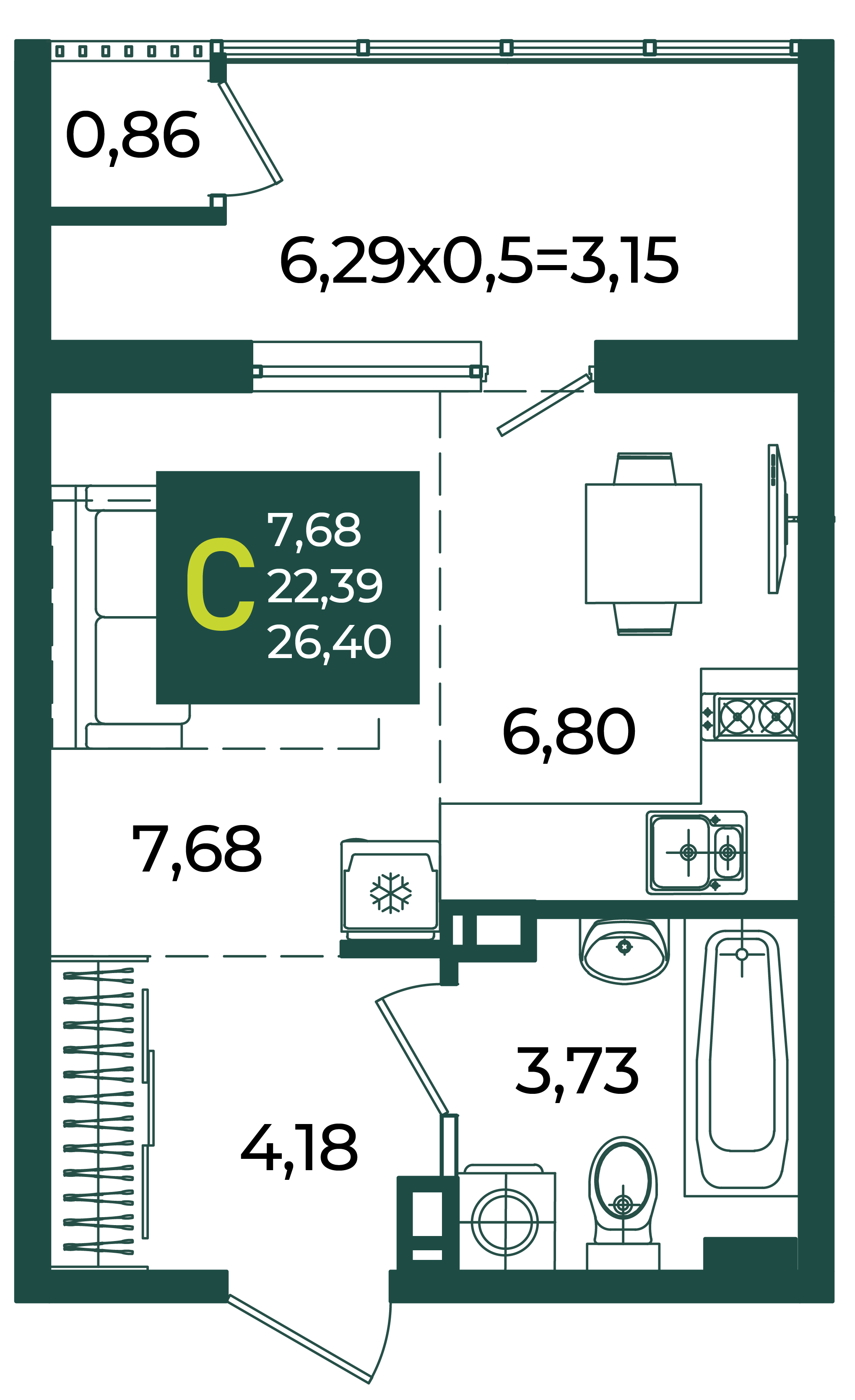 Планировка: Студия · 26,4 м²