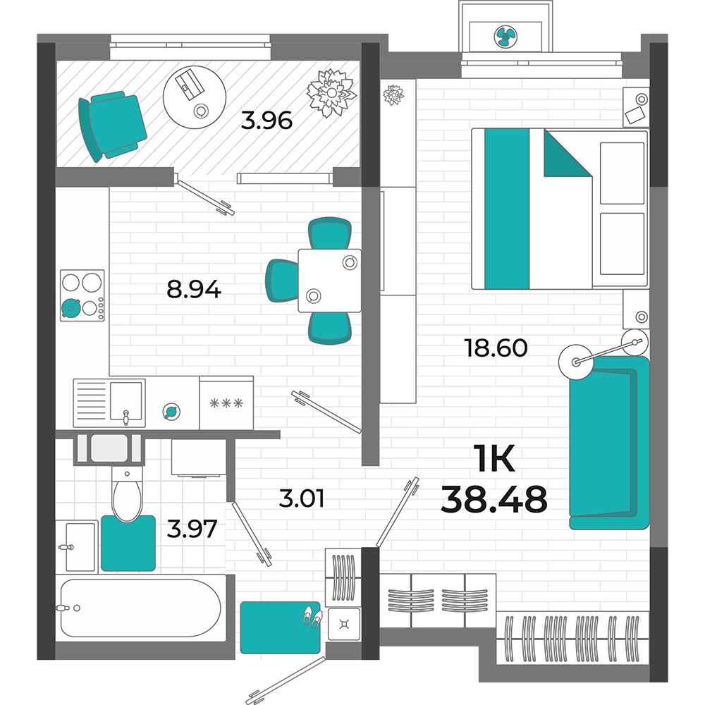 Планировка: 1-комнатная · 38,48 м²