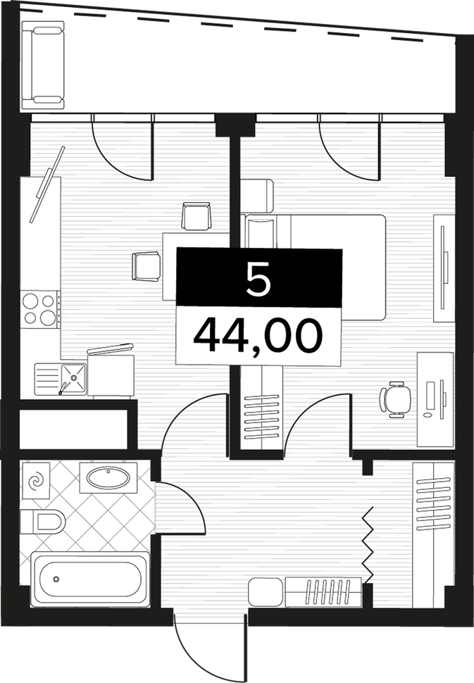 Планировка: 1-комнатная · 44 м²