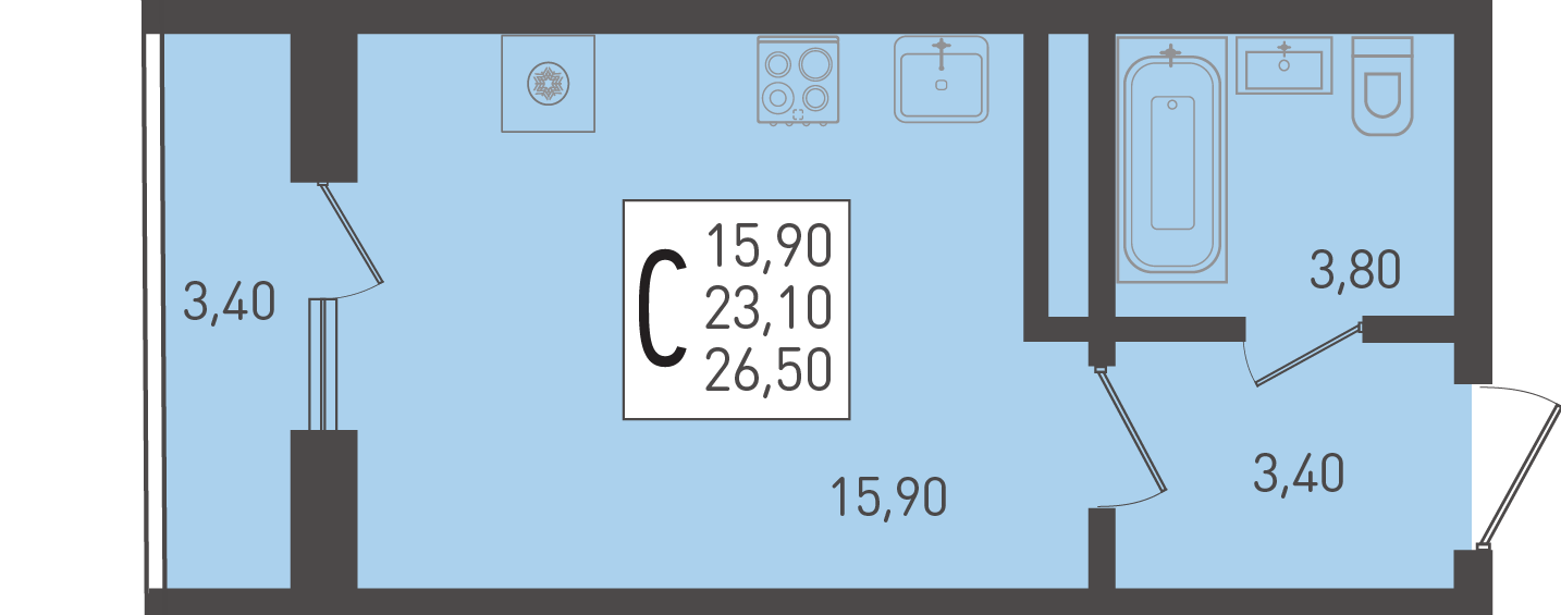 Планировка: Студия · 26,5 м²