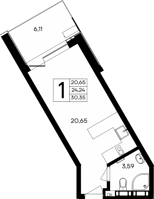 Планировка: 1-комнатная · 30,35 м²