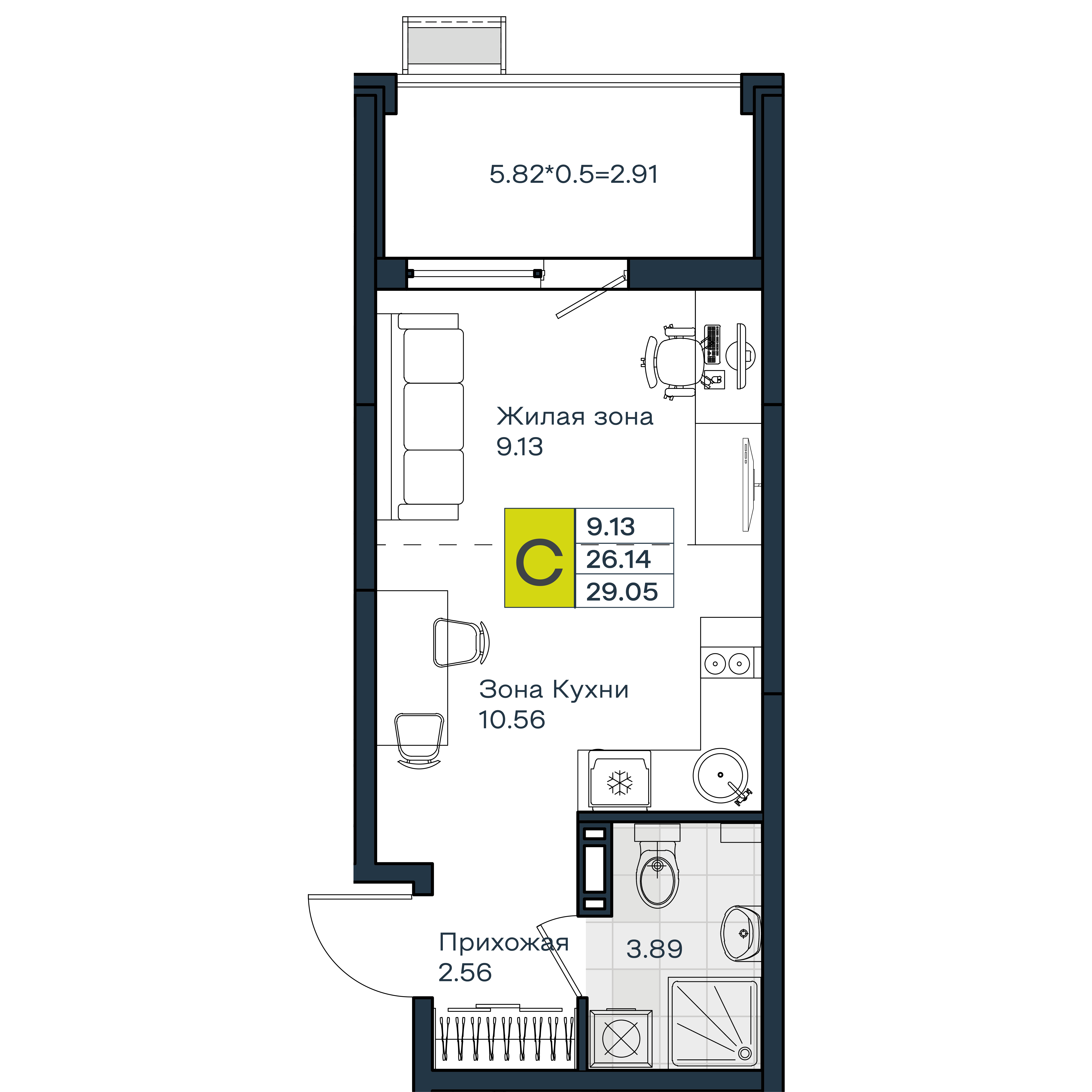 Планировка: Студия · 29,05 м²