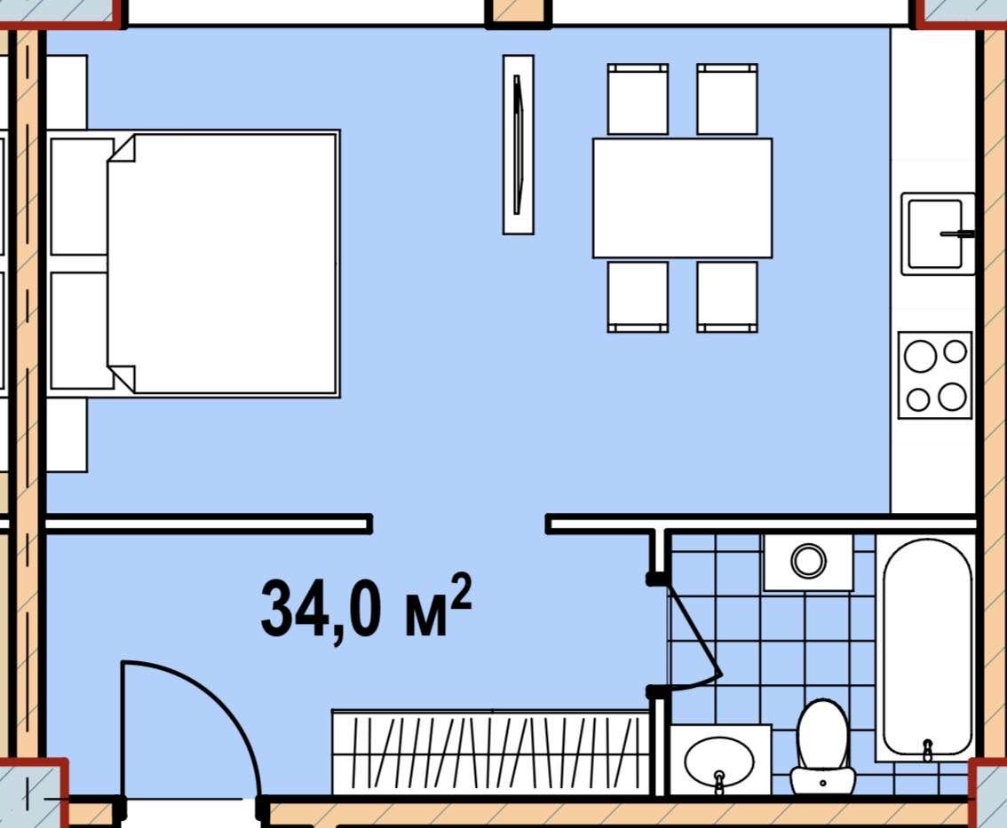 Планировка: Апартаменты · 34 м²