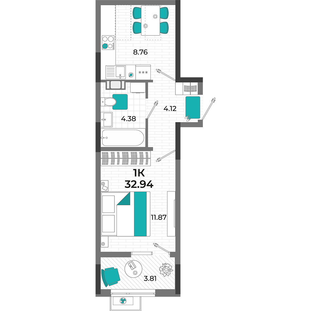 Планировка: 1-комнатная · 32,94 м²