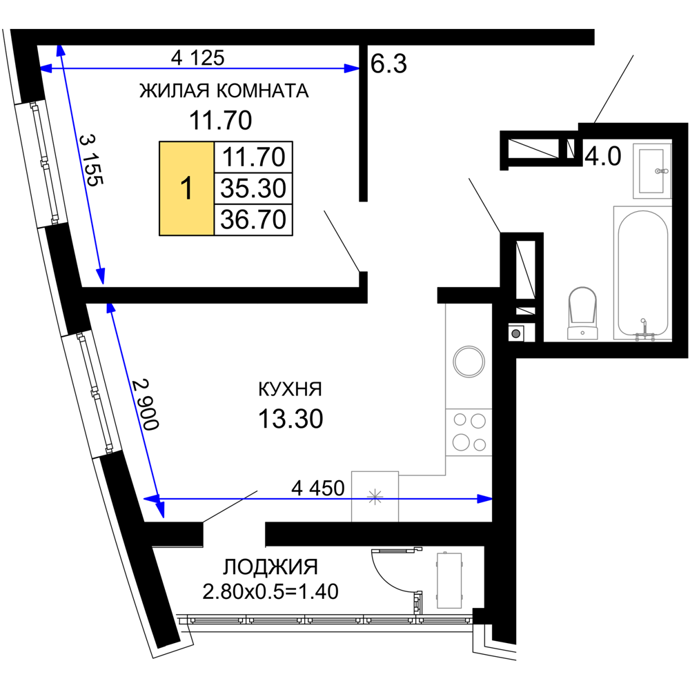 Планировка: 1-комнатная · 36,7 м²