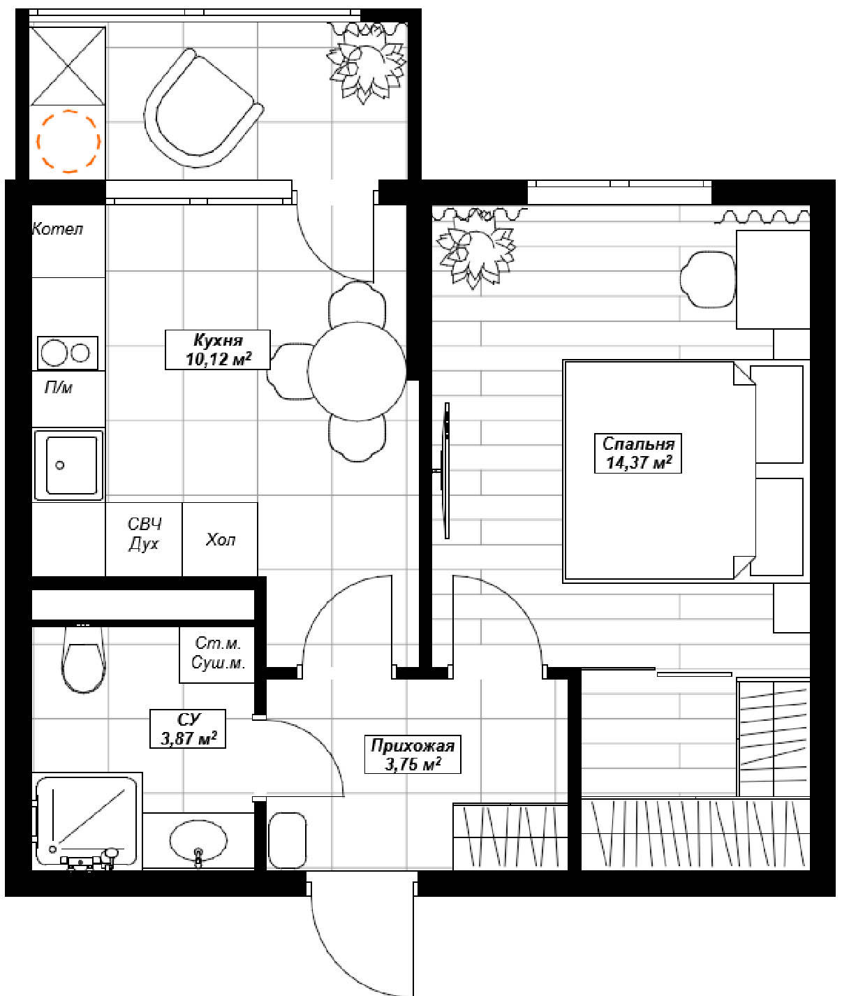 Планировка: 1-комнатная · 35 м²