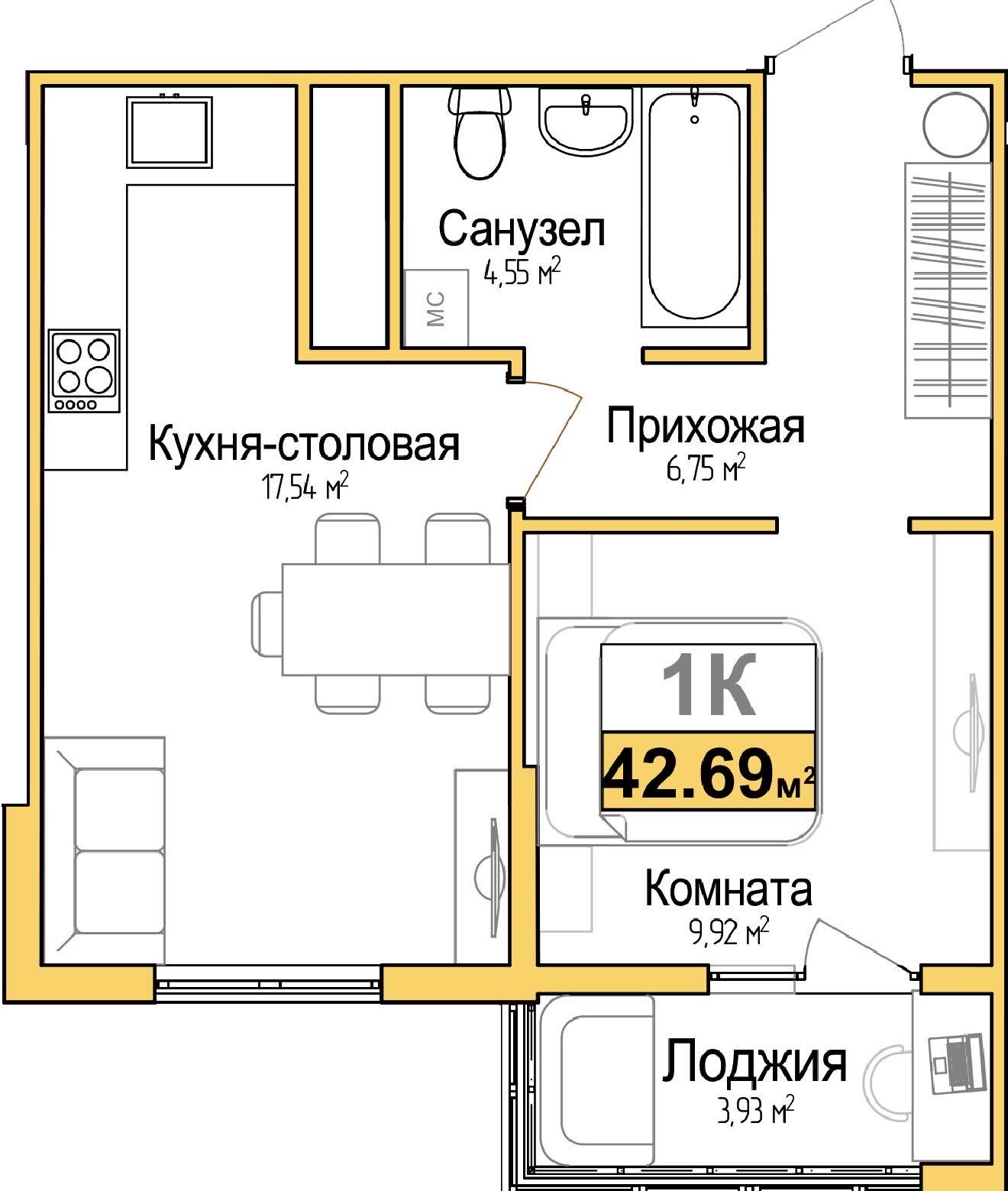 Планировка: 1-комнатная · 40,73 м²