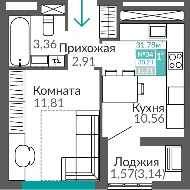Планировка: 1-комнатная · 30,21 м²