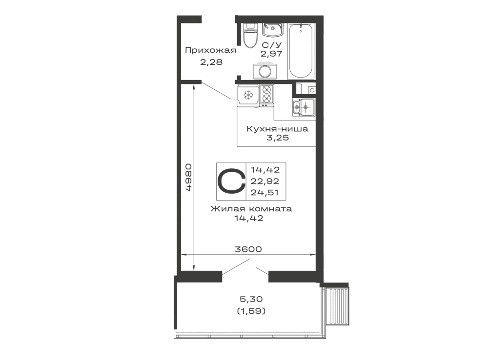 Планировка: Студия · 24,51 м²