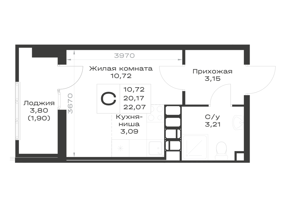 Планировка: Студия · 22,07 м²
