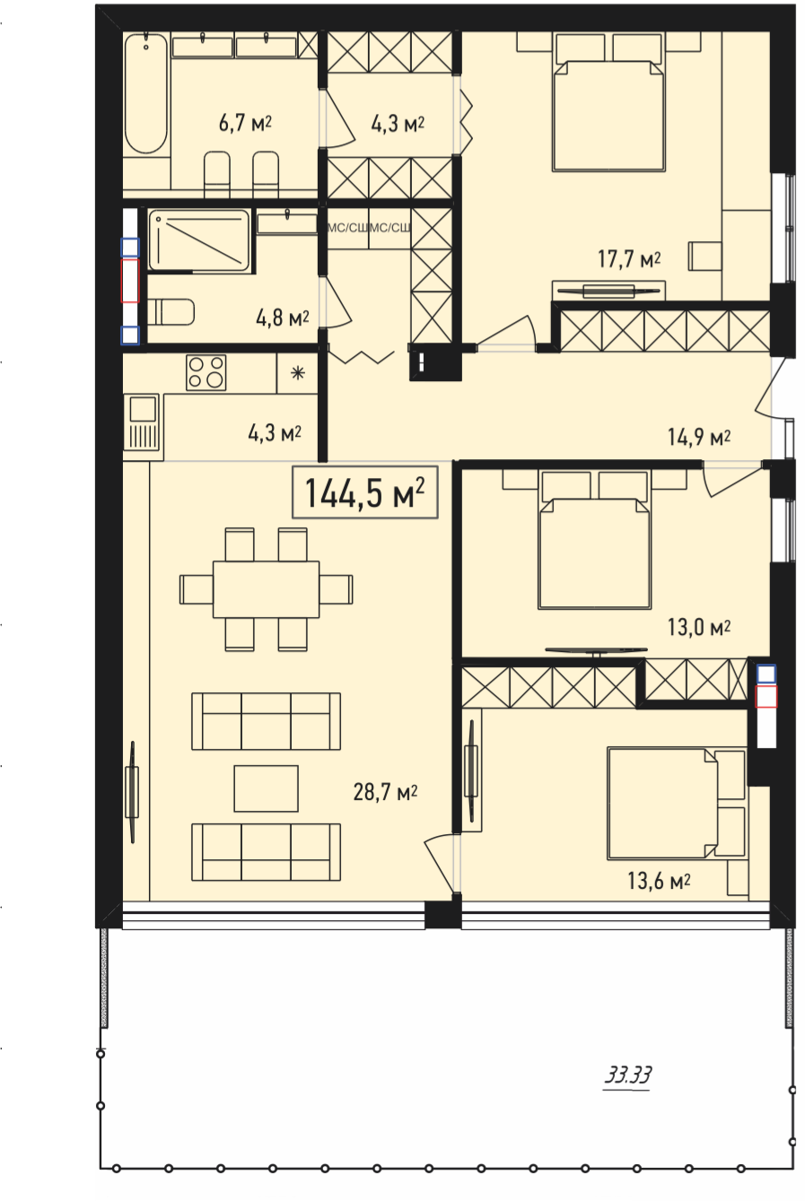 Планировка: 4+ комнаты · 145,2 м²