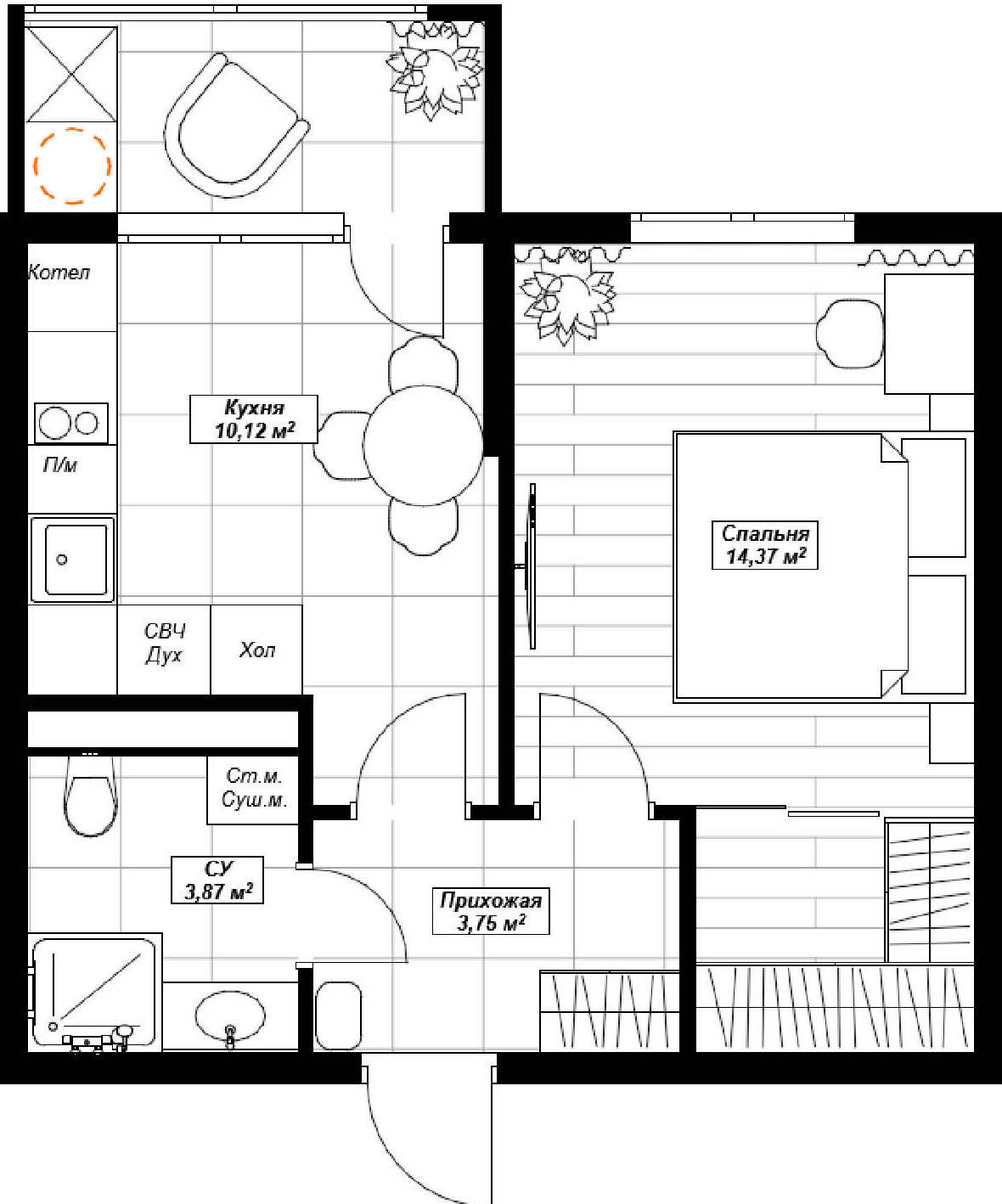 Планировка: 1-комнатная · 35 м²