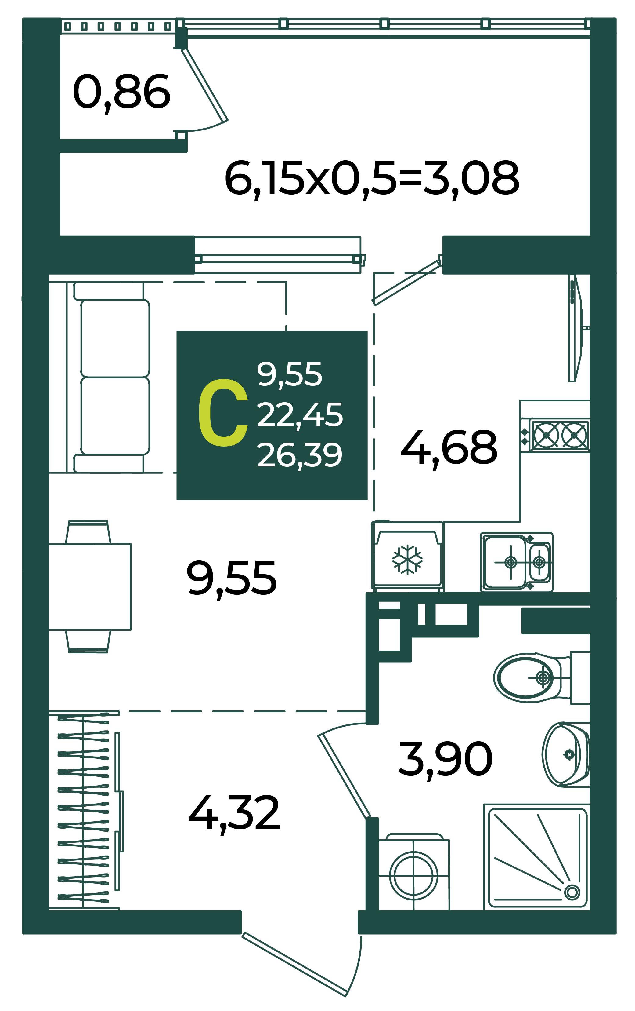 Планировка: Студия · 26,39 м²