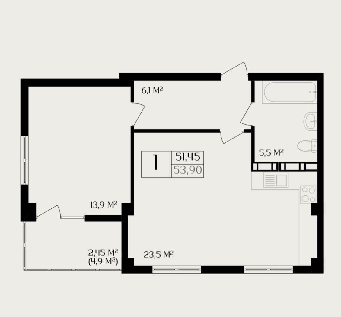 Планировка: 1-комнатная · 51,45 м²