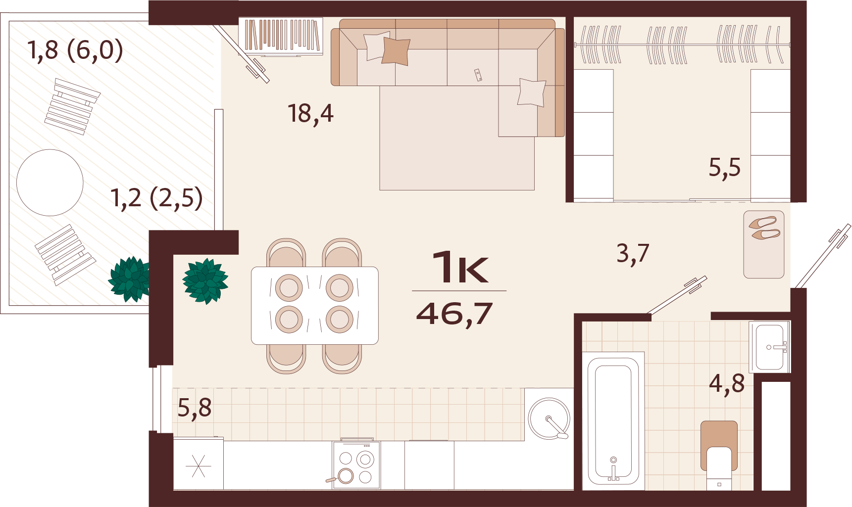 Планировка: 1-комнатная · 46,7 м²