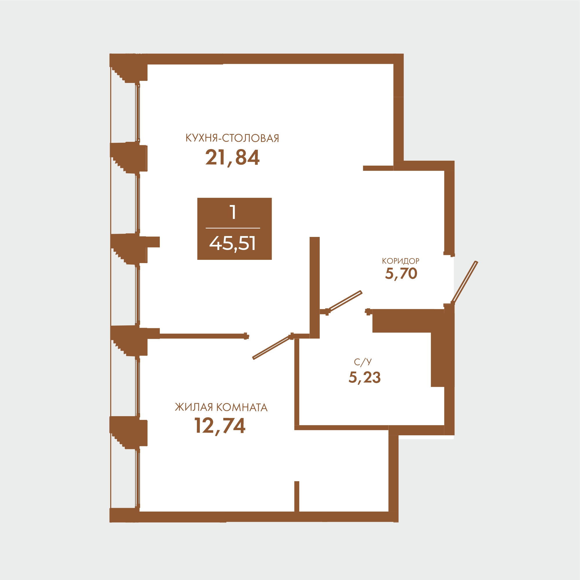 Планировка: 1-комнатная · 45,51 м²