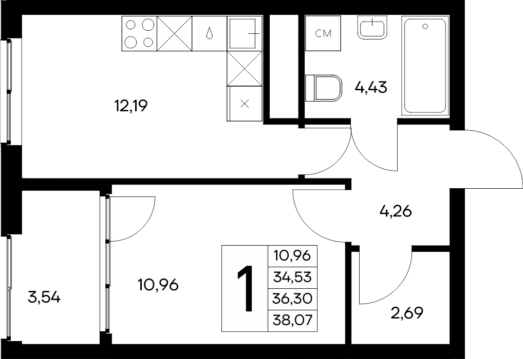 Планировка: 1-комнатная · 38,07 м²