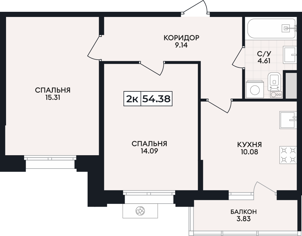 Планировка: 2-комнатная · 54,38 м²