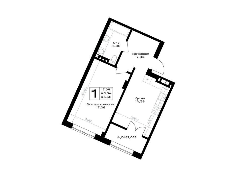 Планировка: 1-комнатная · 45,56 м²