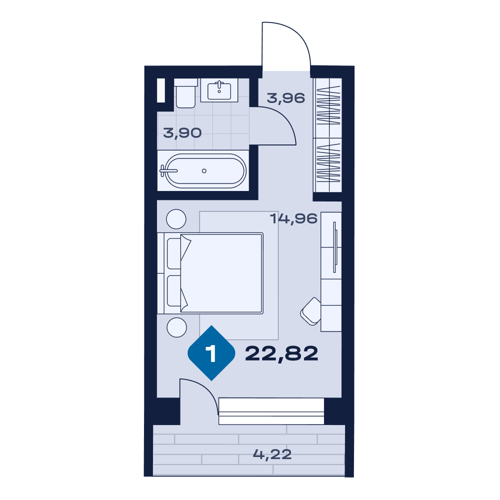 Планировка: 1-комнатная · 22,82 м²