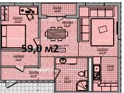 Планировка: 3-комнатная · 59,1 м²