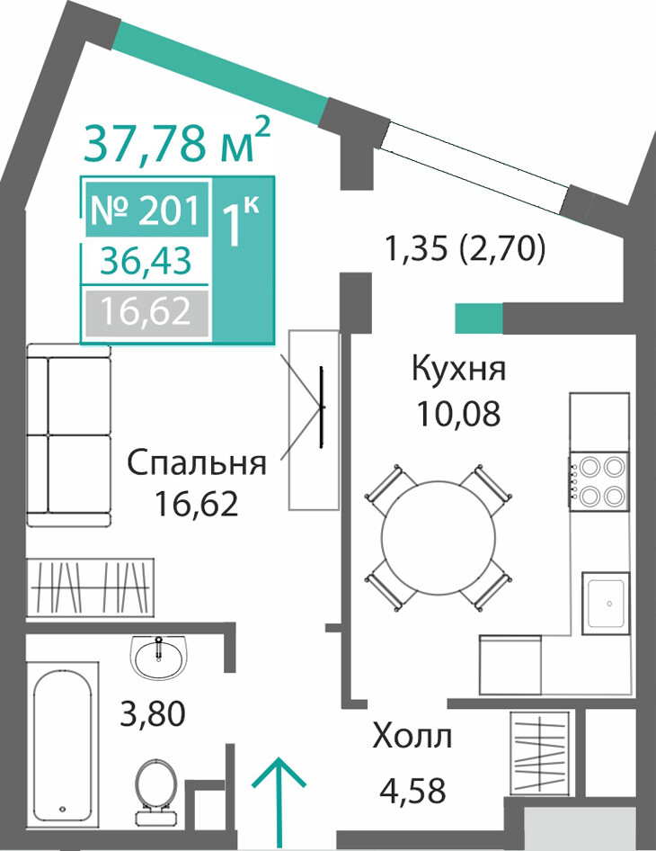 Планировка: 1-комнатная · 36,43 м²
