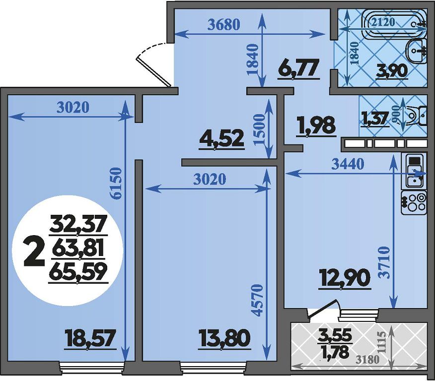 Планировка: 2-комнатная · 65,59 м²