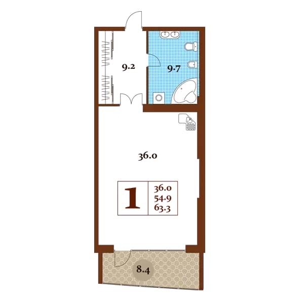 Планировка: 1-комнатная · 63,3 м²