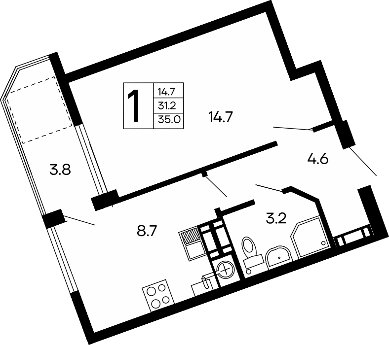 Планировка: 1-комнатная · 35 м²