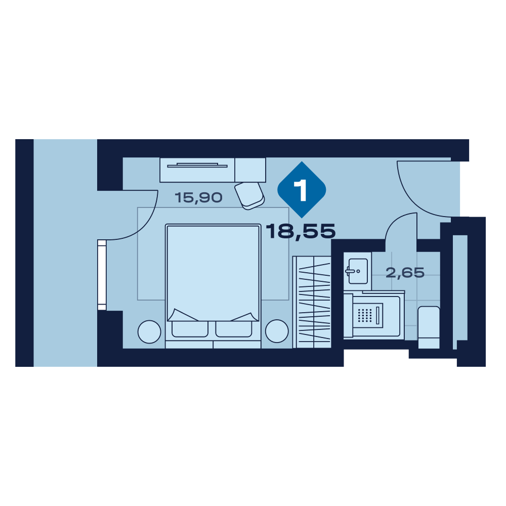 Планировка: 1-комнатная · 18,55 м²